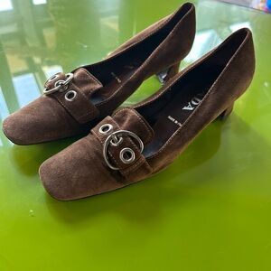Prada Brown Suede Heels with Silver Accents